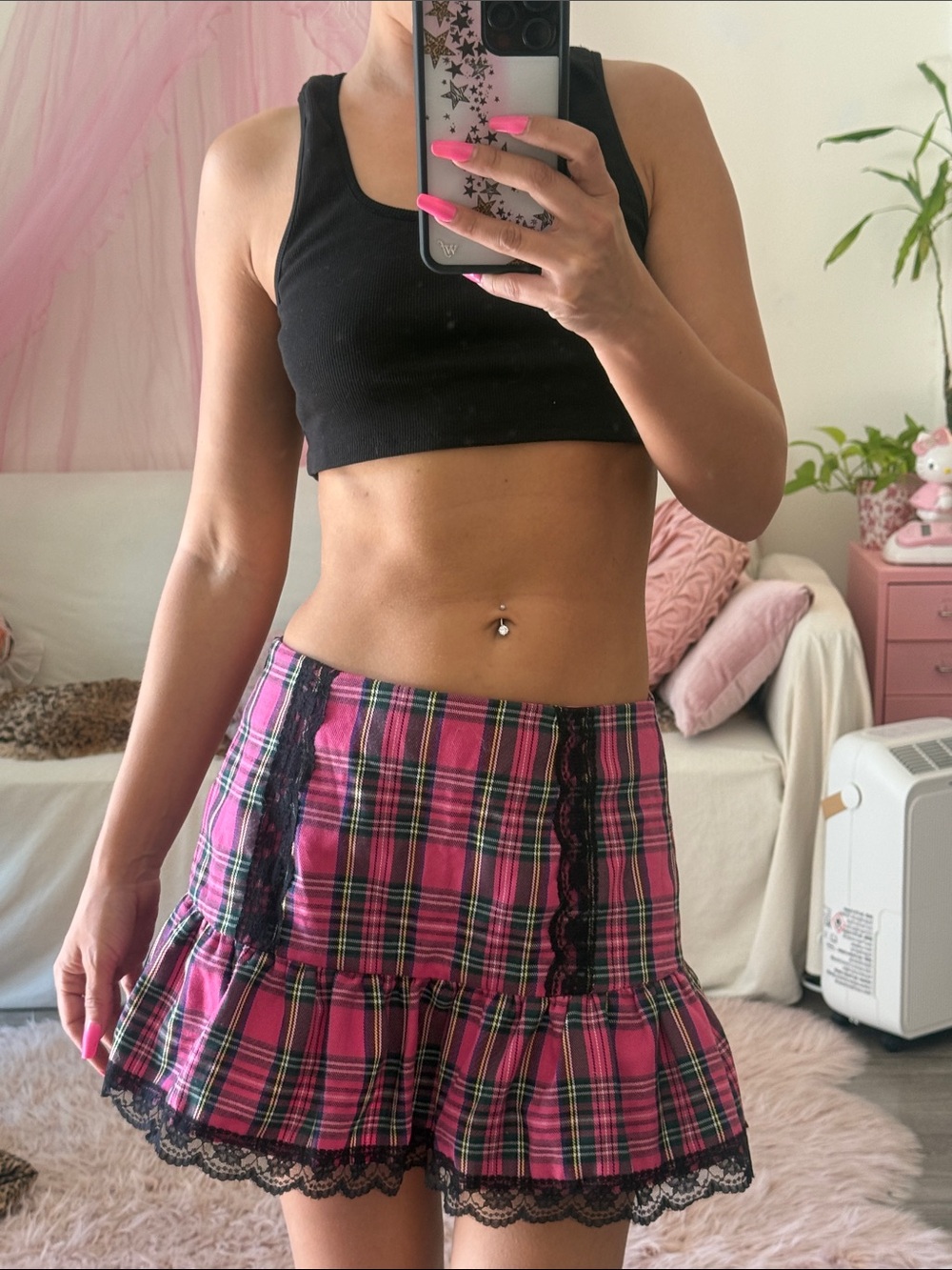 Vintage Pink Plaid Mini Skirt with Black Lace Trim